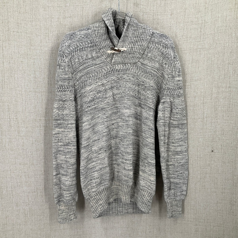 H&M L.O.G.G. Shawl Collar Sweater Mens‎ Large Grey Cotton Toggle Knit Pullover
